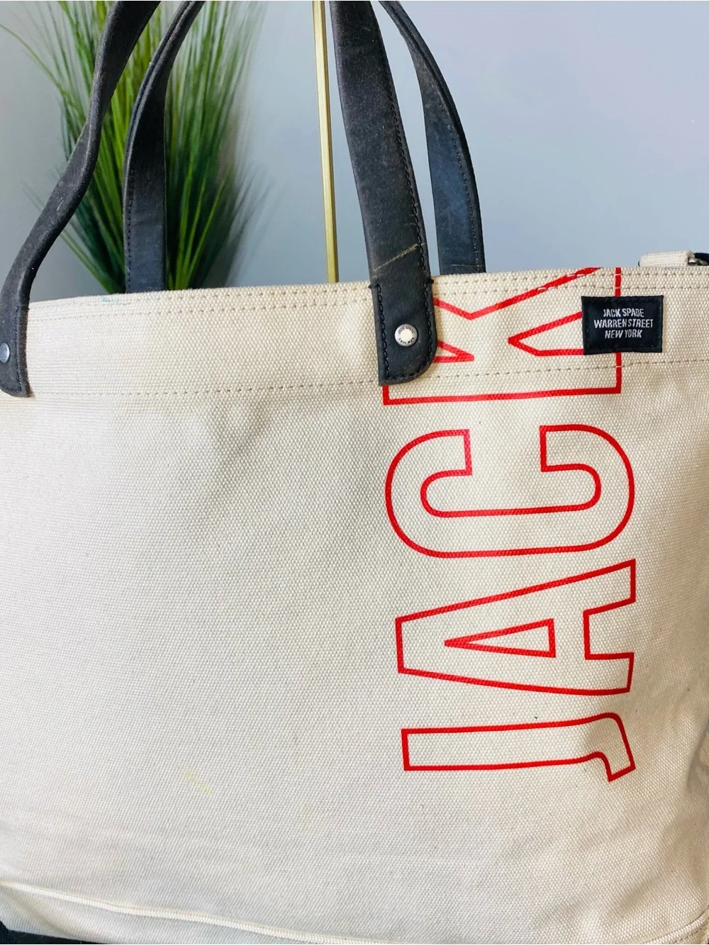 Jack Spade Canvas Dipped Coal Tote Bag Cream White Red JACK Crossbody